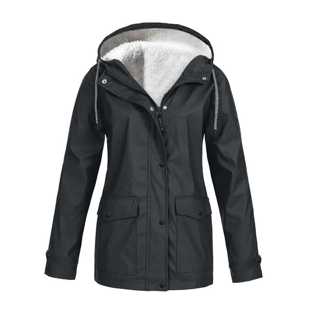 chaqueta de esquí impermeable yuyangstore gris oscuro l rompevientos, vista frontal centrada con capucha forrada en vellón blanco, cierre frontal con cremallera y botones a presión, dos bolsillos de solapa y cordones ajustables, exterior poliéster softshell resistente al viento y agua, largo hasta la cadera, apta para senderismo y actividades al aire libre; a menudo usada como abrigo casual de viaje.