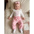 thumbnail image 5 of Infant Girls Fall Outfits Ruffle Long Sleeve Crew Neck Letters Bow Embroidery Romper Floral Print Pants and Headband Set, 5 of 8