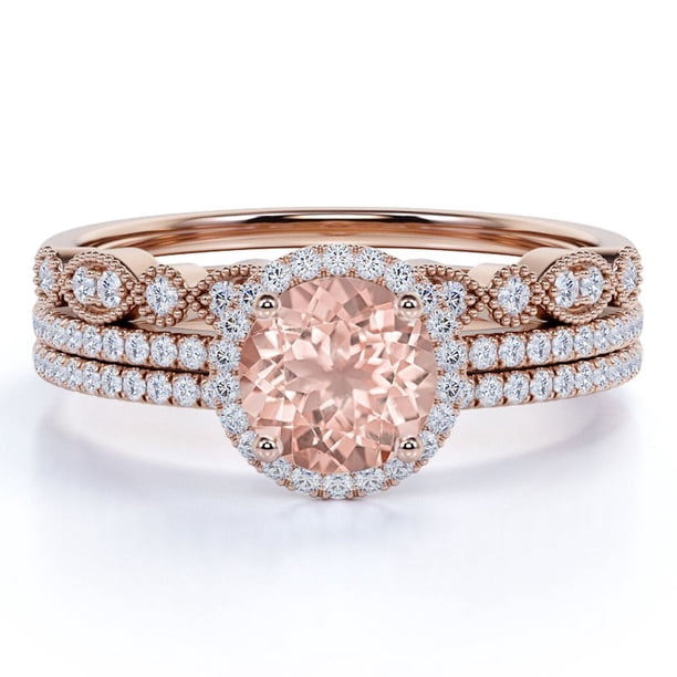 JeenMata Juego de Trío de Morganita Creada en Corte Redondo de 1,75 Quilates - Juego de Novia - Juego de Trío de Bodas - Anillo de Halo - Anillo Más Vendido - Oro Rosa de 18 K sobre Plata