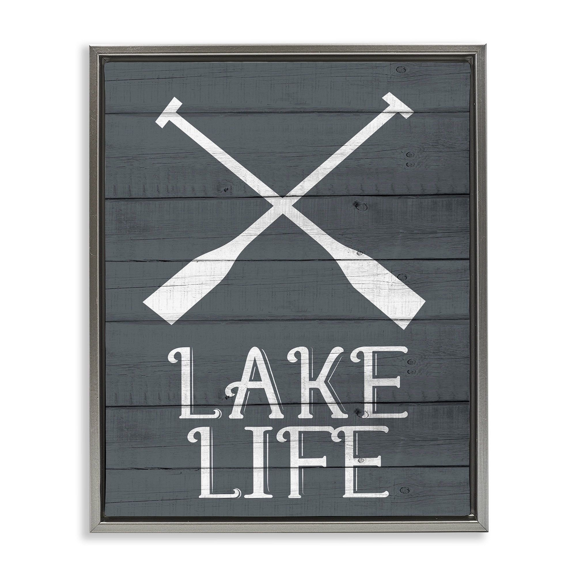 Stupell Industries Nautical Blue Lake Life Phrase Rustic Boat Oars Luster Gray Framed Floating Canvas Wall Art, 16x20, by Kim Allen