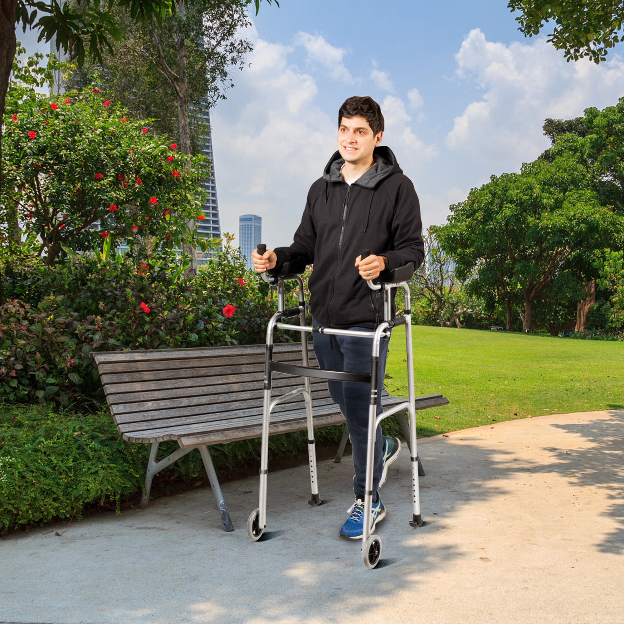 Gymax Folding Walker Aluminum Walking Aid Adjustable Walking Frame with Wheels Sliver