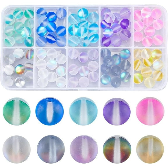 1 Box 100Pcs 8mm Moonstone Glass Bead Bulk Matte Beads Frosted Colorful Round Glitter Shiny Aurora Loose Spacer