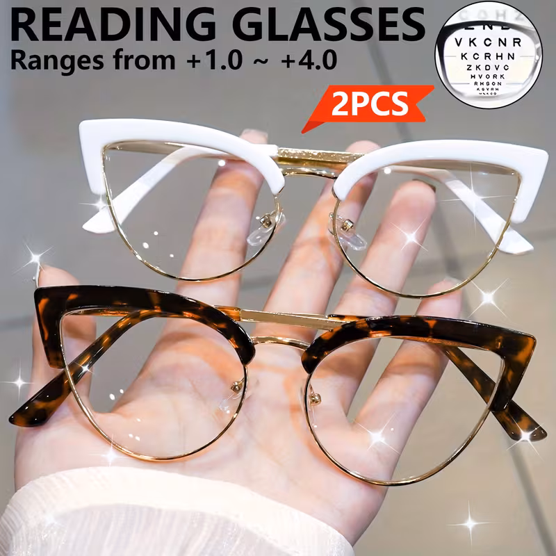 2 Pack Cat Eye Computer Reading Glasses for Women, Clear Lens Magnifying Readers for Screen Use, Stylish Eyeglasses for Computer, Phone, Books and Daily Reading +1.0 to +4.0