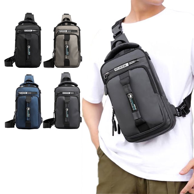 Mochila bandolera para hombre mujer | Bolsa de pecho ajustable para el hombro con orificio para auriculares | Poliéster ligero | Tamaño compacto para tabletas de 7,9" | Azul Caqui Gris Oscuro | 11,8