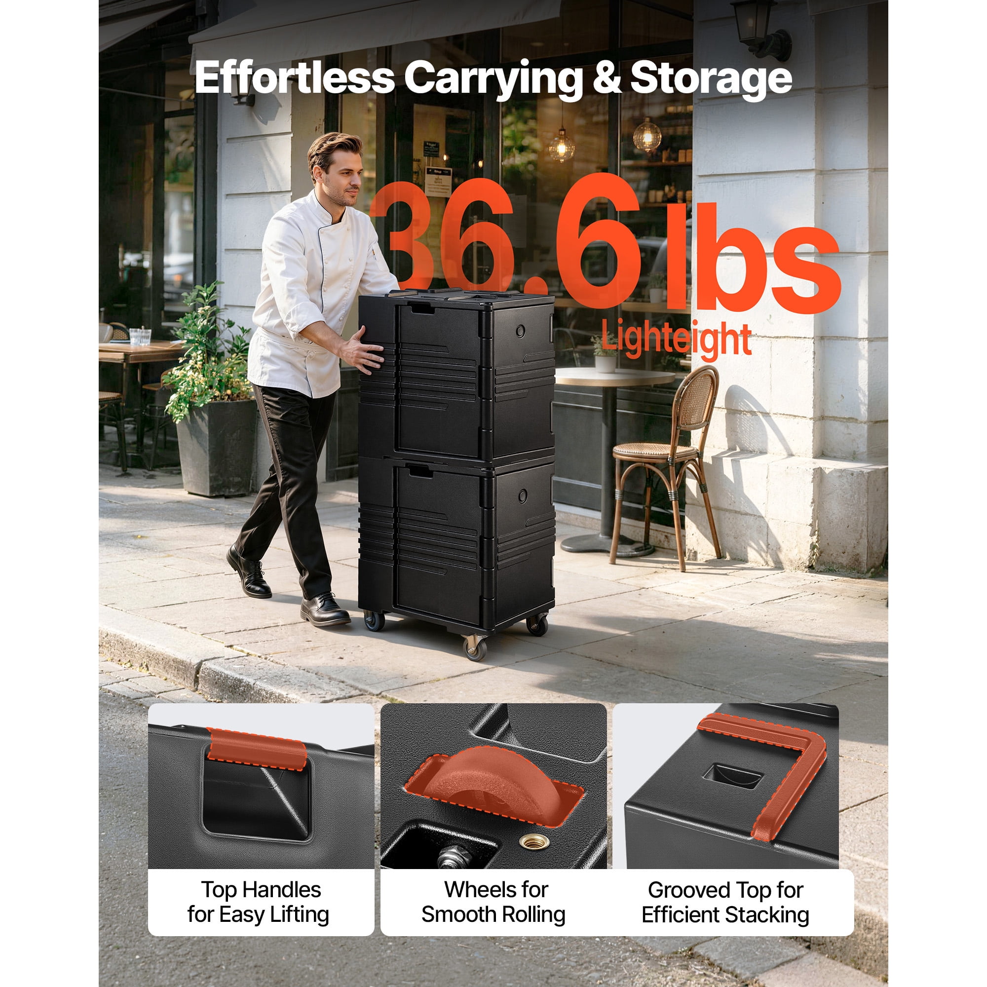 KFFKFF Insulated Food Pan Carrier, 95 Qt Non-Electrical Warmer with Wheels & Stainless Steel Latch, Durable Stackable Hot Box for Multiple Pan Sizes (Not Included), Ideal for Catering (Black)