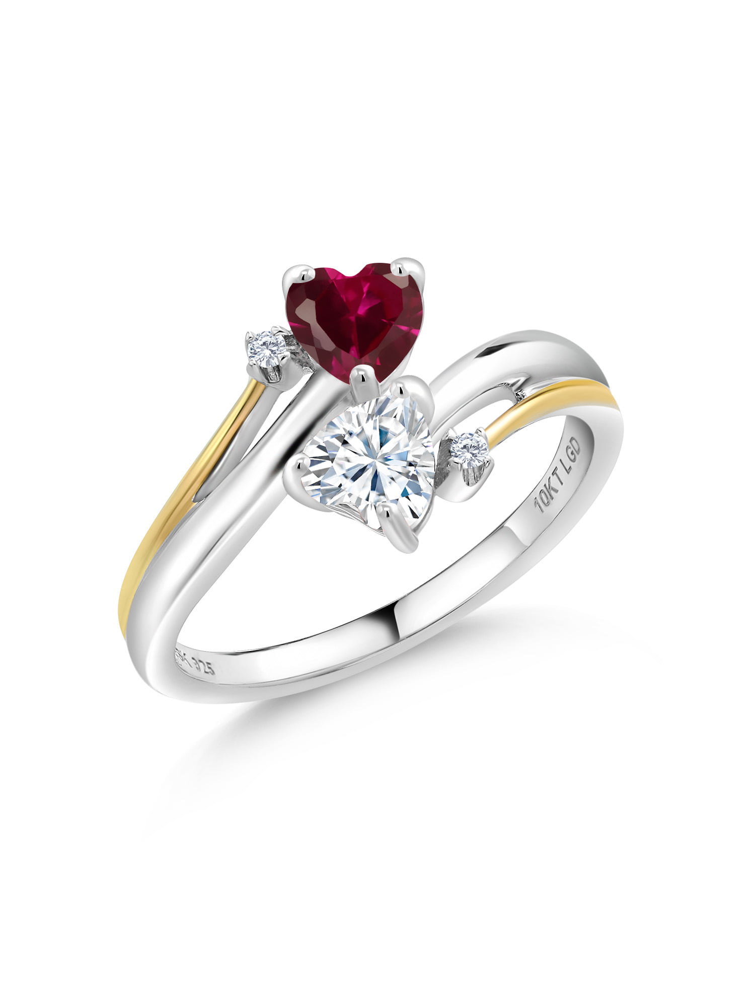 Gem Stone King - 925 Silver and 10K Yellow Gold Ring Set with Heart Shape  Red Created Ruby and Forever Classic Created Moissanite Very Light (IJK) 