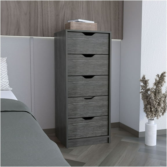 JERFIT Modern 5-Drawer Tall Chest Dresser with Smooth Pull Out System, Slim Storage Tower for Bedroom, Brown