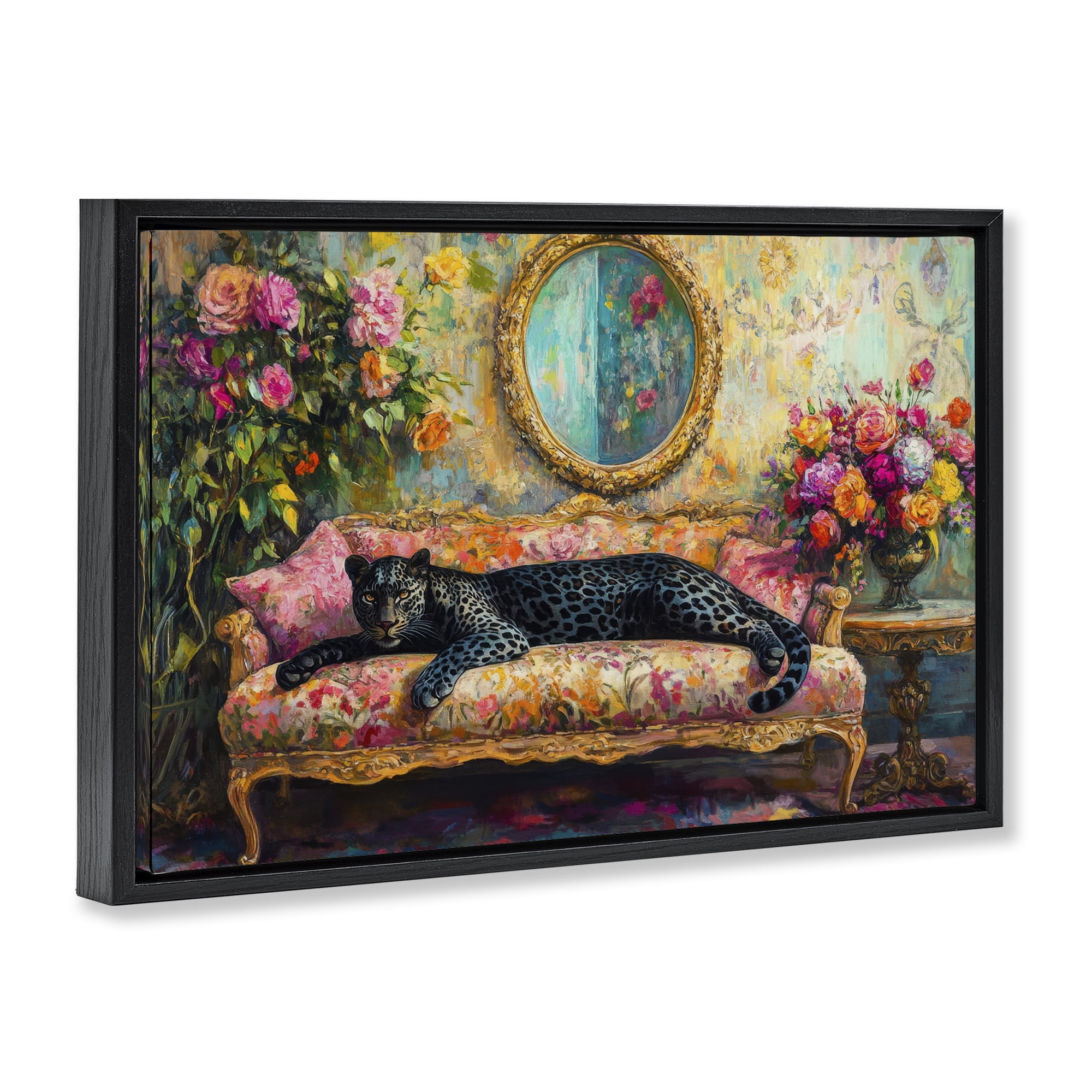 Stupell Industries Lounging Leopard on Floral Sofa Black Framed Floater Canvas Wall Art, design by Petal Prints Design