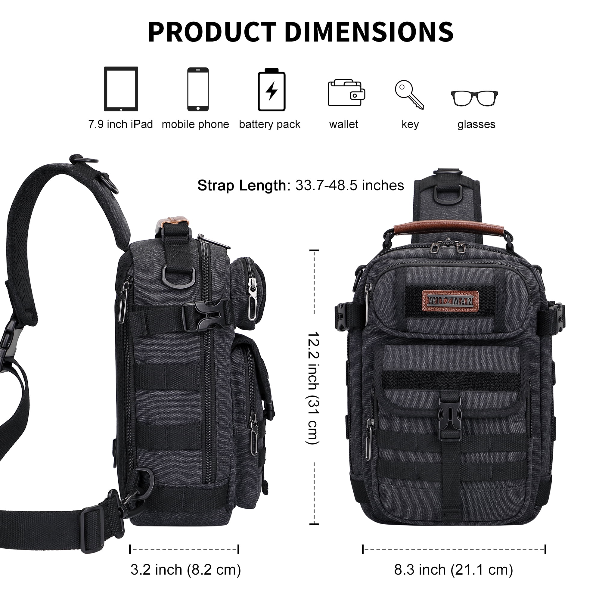 WITZMAN Sling Bag for Men Canvas Casual Chest Bag with USB Charging Port for Travel Daily Work(A8021 Black)