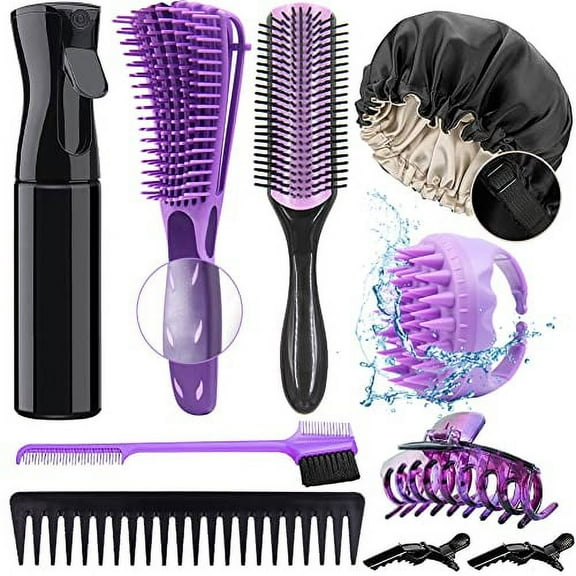 10Pcs Detangling Brush Set for Black Natural Hair – Complete Curly Hair Care Kit for 3A to 4C Textures with Sleep Bonnet Transform your wash day routine with this 10-piece Detangling Brush Set, thoug