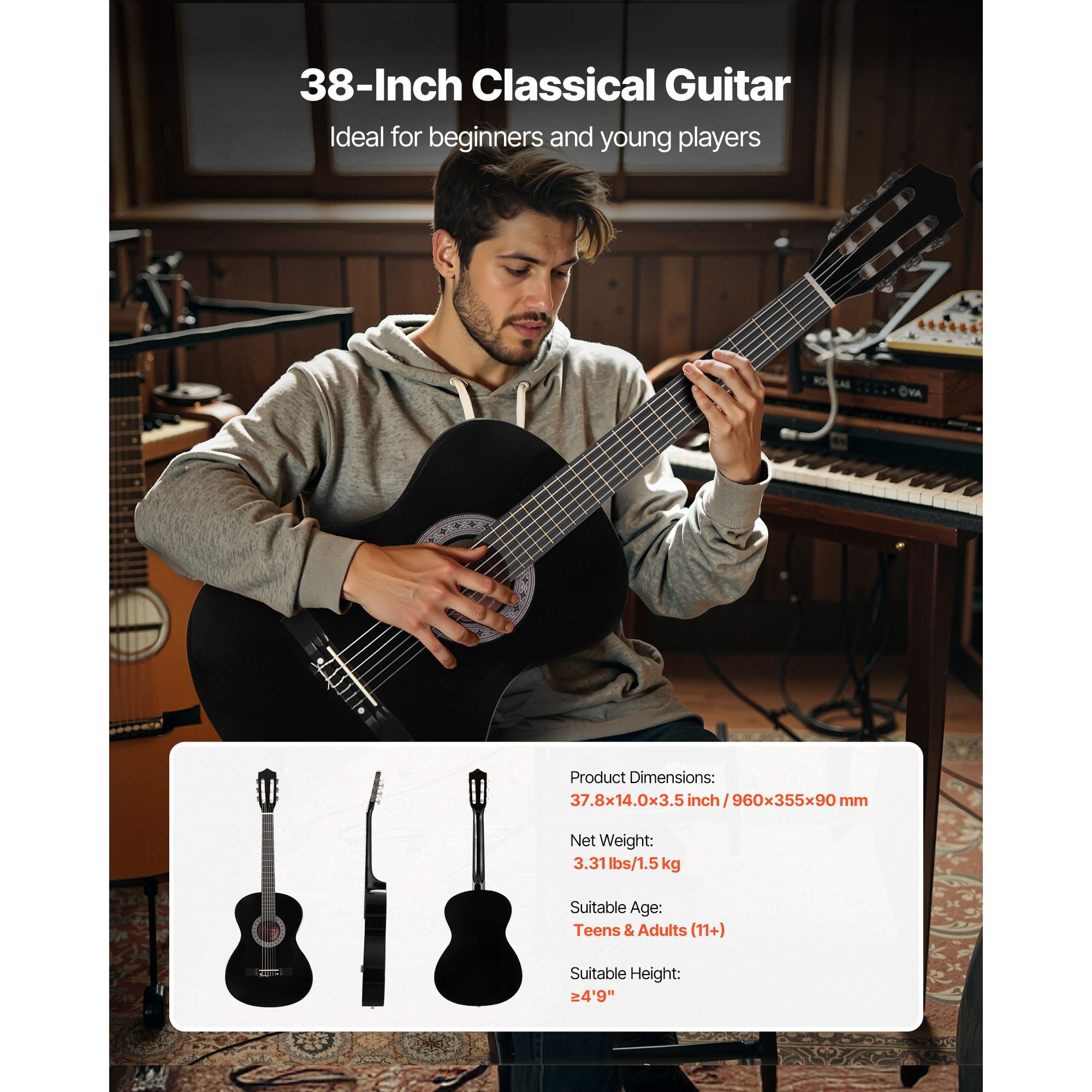 Classical Guitar Starter Set 38 Inch, Nylon String Wooden Full Set of Accessories with Tuner Capo, Teen Adult Student, Black