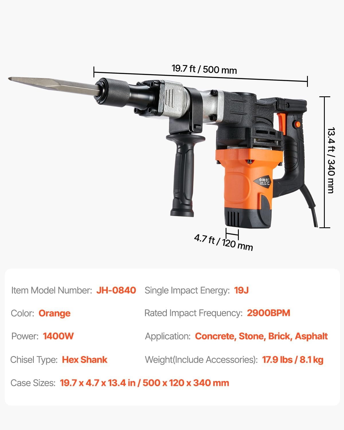 Demolition Jack Hammer, MAX 1400W Electric Jackhammer Heavy Duty, 2900 BPM Concrete Breaker 2pcs Chisels Bits Chipping W/Case, Gloves
