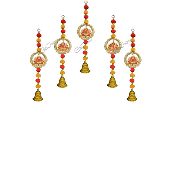 5 pc Bijiya Bell Latkan with Red Lotus Hanging (16 INCH) Floral Wall Hangings, Temple Diwali Decorative Items | Backdrop for Ganpati Pooja | Pooja Room Decoration Items, christmas decor