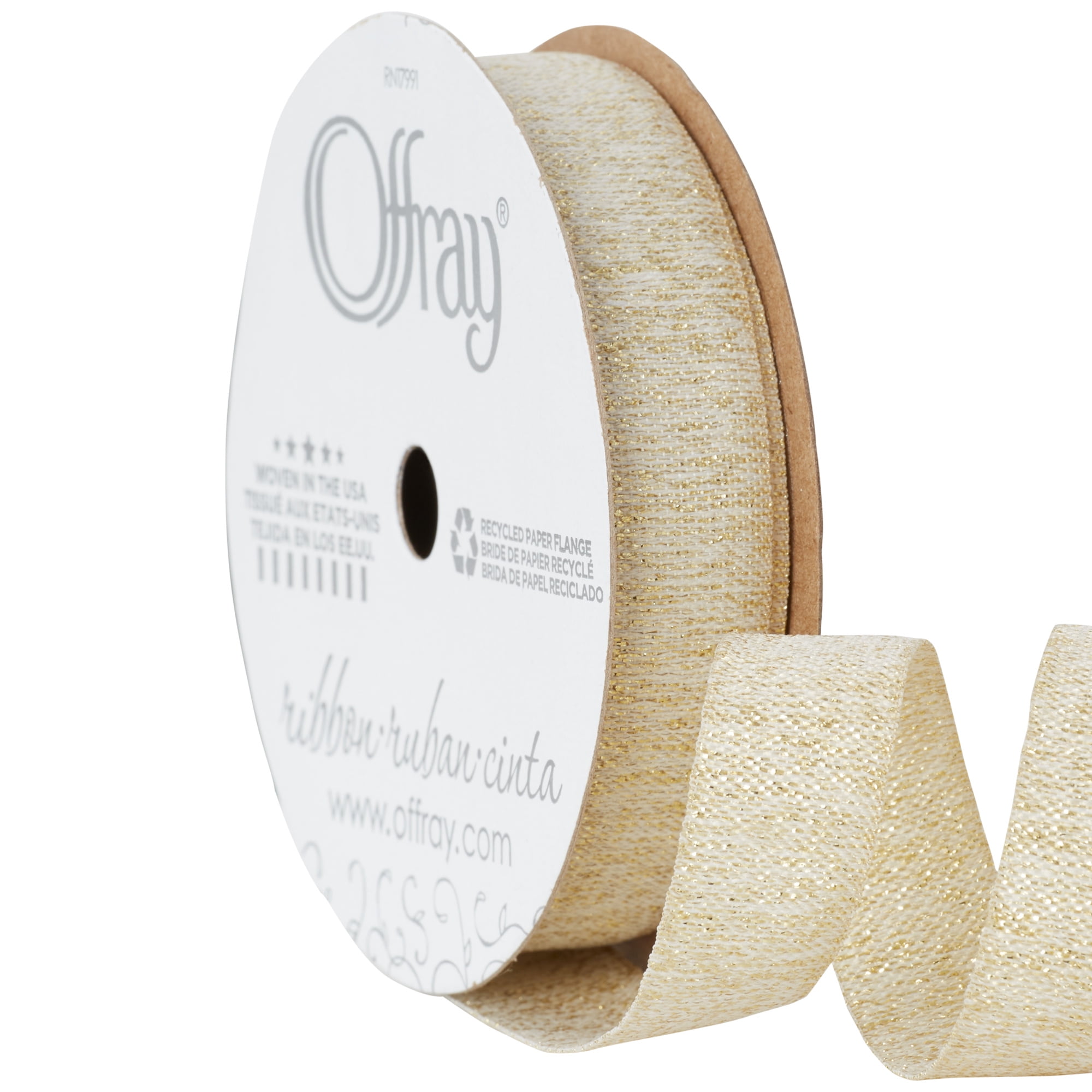Offray Ribbon, Ivory 5/8 inch Gold Stitching Woven Ribbon, 9 feet