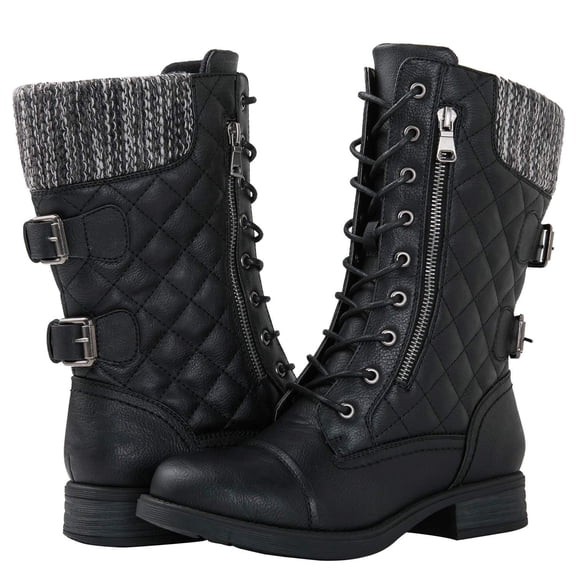 GLOBALWIN Women's Black Mid Calf Lace Up Combat Boots 7.5M