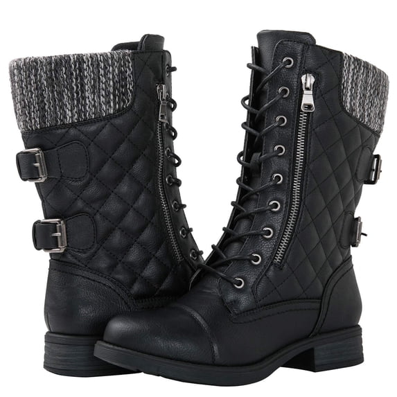 GLOBALWIN Women's Black Mid Calf Lace Up Combat Boots 9M