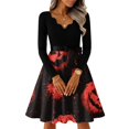thumbnail image 6 of Halloween Dresses for Women Castle Printed Long Sleeve Fall Swing Dress Bat Cocktail V-Neck Classic Tea Length Dress with Belt M, 6 of 7