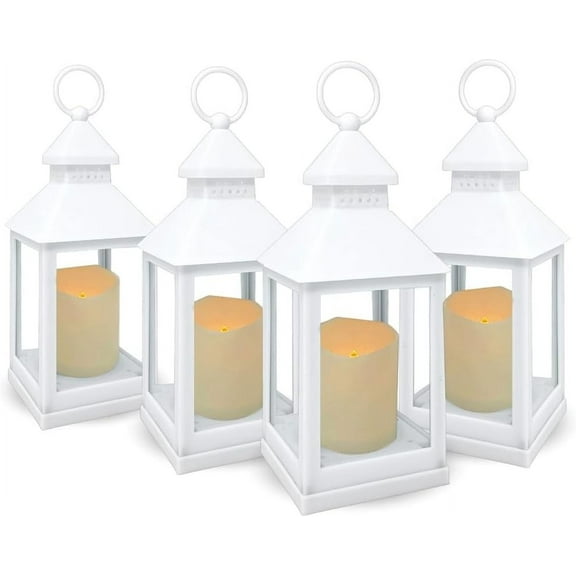 Decorative White Lanterns - Set of 4 - 4 Hour Timer – 9 3/8" H White LED Lanterns with Flameless Pillar Candles Included - Indoor/Outdoor Lantern Set- Hanging or Sitting Decoration