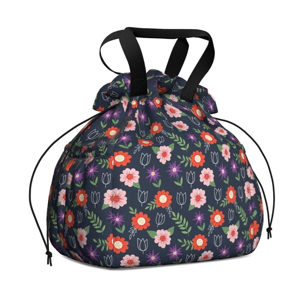 Pioneer Flower Floral Print Pattern Drawstring Lunch Bag Women - Drawstring Lunch Bag Insulated for Work Office - Stain-Resistant Large Lunchbags for Women with Multi-Pockets