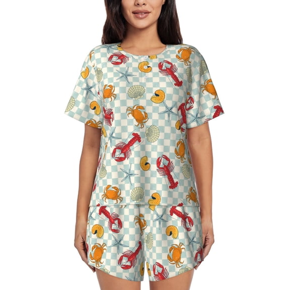 Logiee Lobster Sea Shell Print Womens Pajamas Set,Short-Sleeve Pajama 2 Piece Sleepwear with Pockets-Small