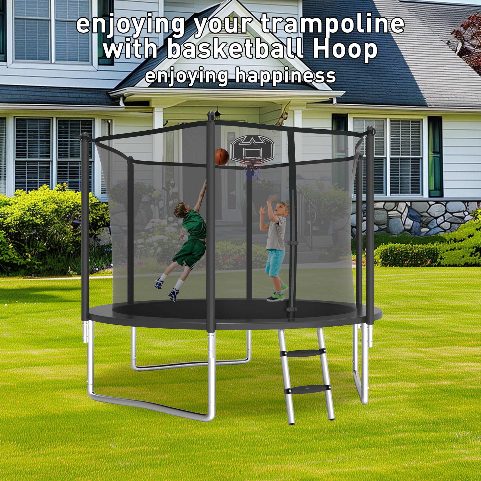 XMIKA Trampolines for Kids, 10FT 14FT 16FT Outdoor Trampolines with Safety Enclosure Net, Basketball Hoop, Lights, Sprinkler, 1000LBS Round Heavy Duty Recreational Backyard Trampoline for Adults