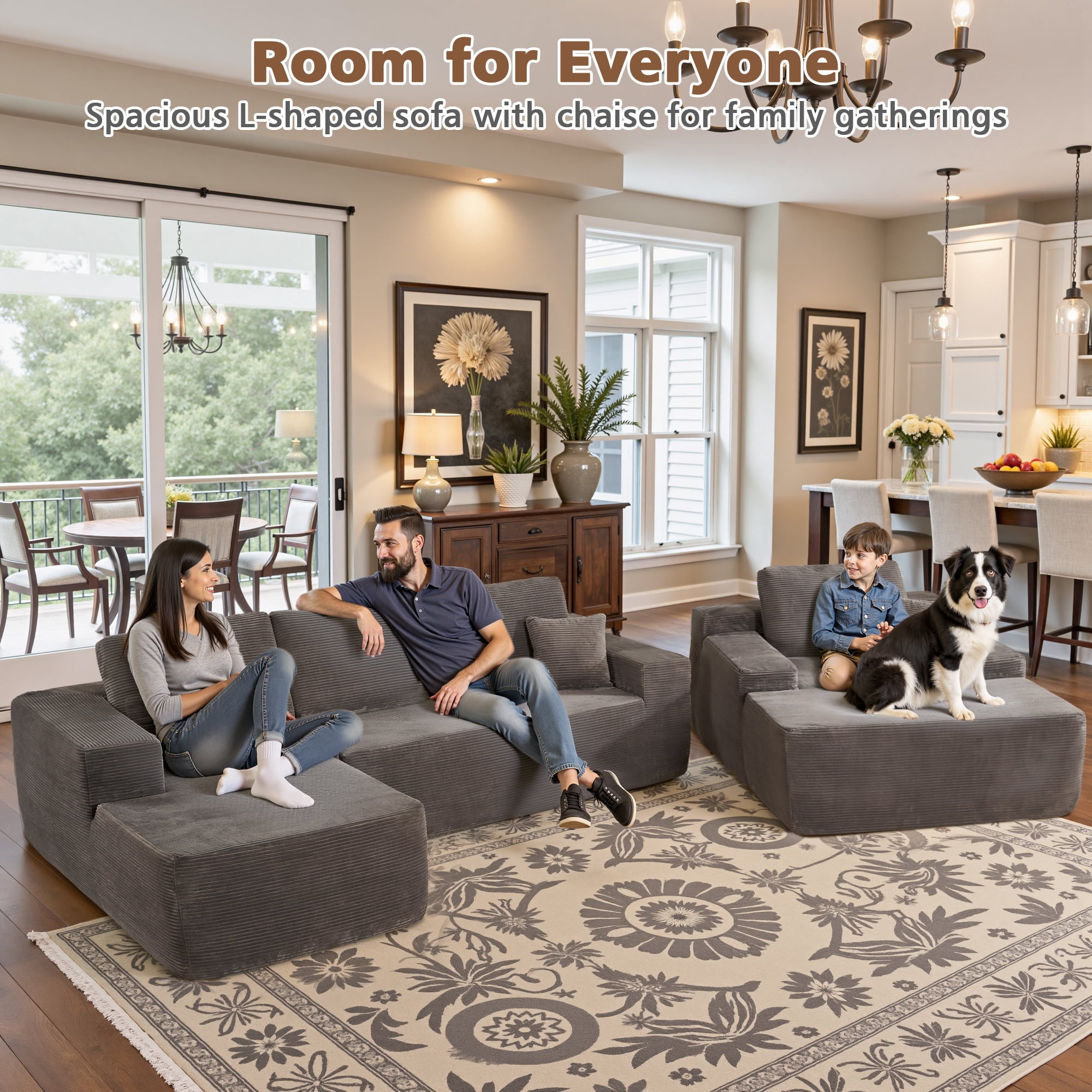 Ovios 106" Modular Cloud Couch Oversized Deep Seat Corduroy Sectional Sofa with Lounge Chair for Living Room, No Assembly, Gray