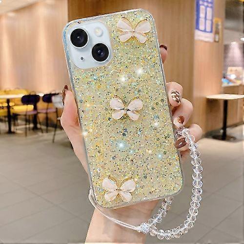 For iPhone 15 Starry Sequin Jade Butterfly Epoxy TPU Phone Case with Strap
