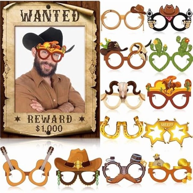 wonima44 Jenaai 25 Pcs Western Wanted Photo Booth Prop Kit Wild West Party Decoration Cowboy Paper Eyeglasses Wanted Selfie Photo Booth Frame West Cowboy Rodeo Prop for Western Birthday Party Supplies