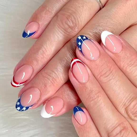 JZROCKER Patriotic Short Square False Nails French Tip Press on Nails Full Covers Fake Nails Independence Day Glues on Nails