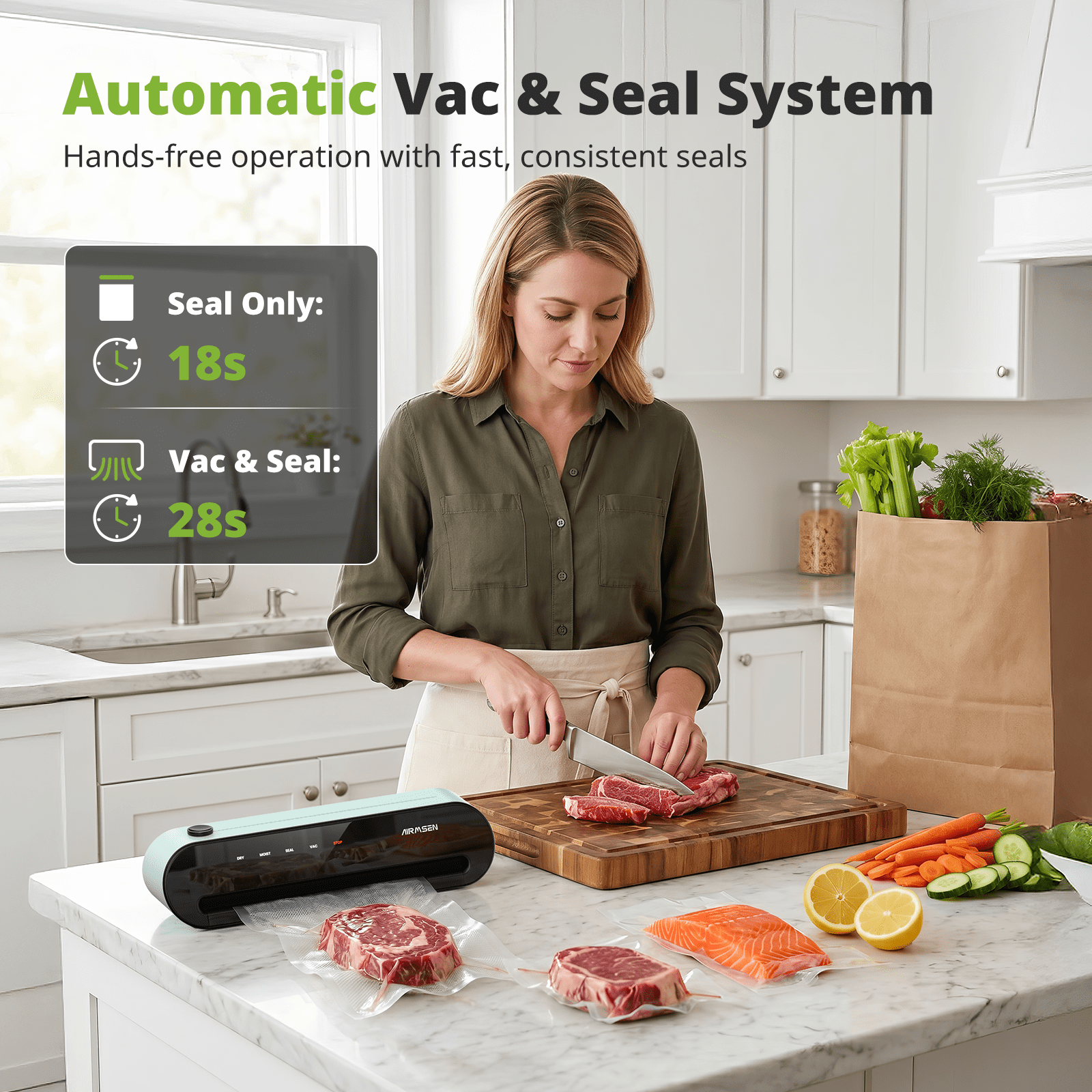 AIRMSEN Fully Automatic Vacuum Sealer Machine, 5-In-1 Food Sealer with External Accessory, Cutter, Pulse Vac, Manual Stop, Includes 1 Roll + 5 Vacuum Bags