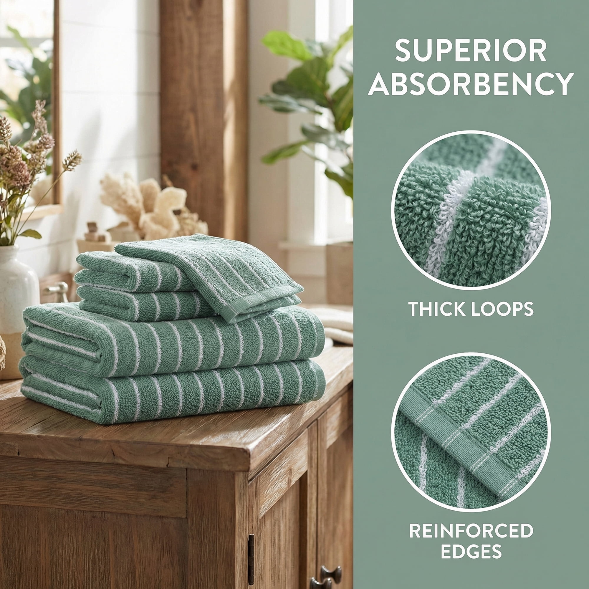Unique Bargains Cotton Striped Washcloths Soft Absorbent Face Cloths Green 6pk
