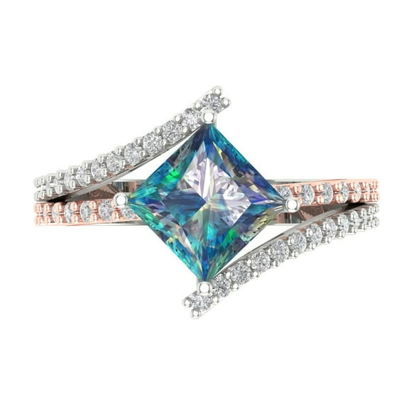 2.3075 ct Princess Cut Blue Moissanite Solitaire with Simulated Diamond Accents 14K White/Rose Gold Womens Engagement Ring