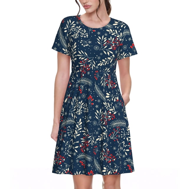 Easygdp Merry Christmas Winter Leaves Snowflakes para Vestido Transpirable de Mujer, Vestido Suelto de Manga Corta con Pliegues y Bolsillos para el Verano