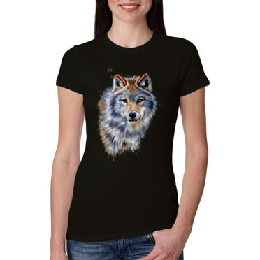 Wolf Oil Painting Animal Lover Womens Slim Fit Junior Tee, Black, Small