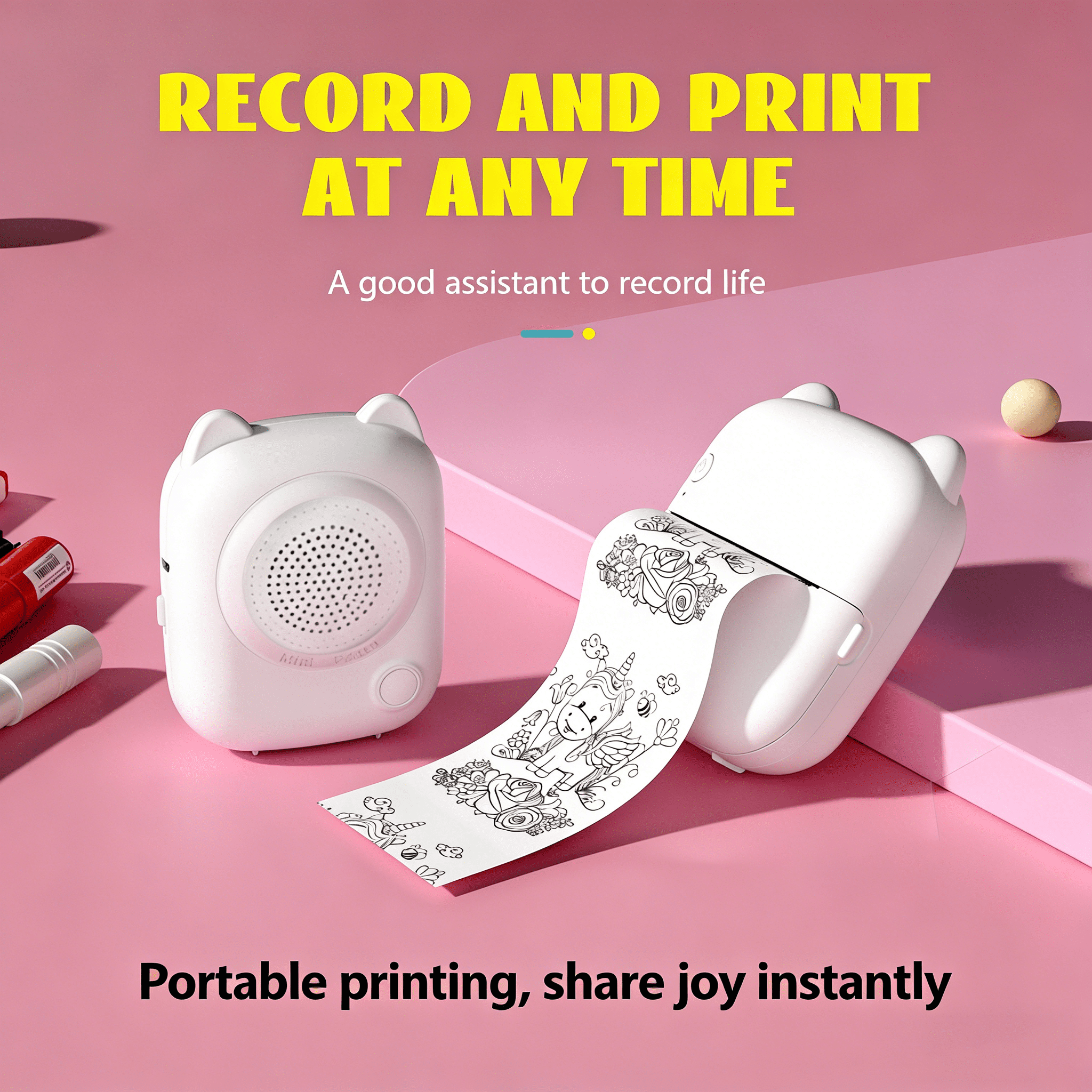 Portable Printer, AI Mini Pocket Wireless Bluetooth Thermal Printers with 11 Rolls Printing Paper for Android iOS Smartphone, BT Inkless Printing Gift for Label Receipt Photo Notes Study Home Office