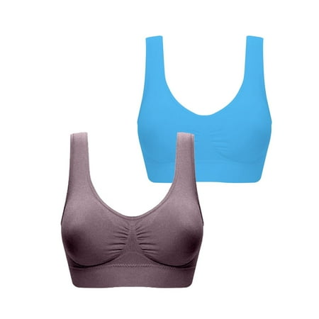 ATOYSOY 2 Pack Plus Size Sports Bra Everyday Bra Yoga Activewear Teens Bralette Underwear Workout Push Up Clearance Breathable Comfort Bra Wireless Ruched Tank Tops Blue M