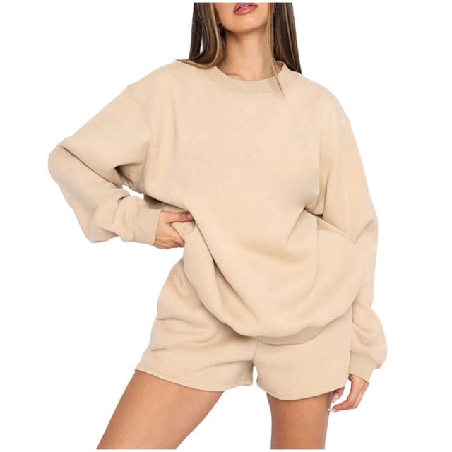IROINNID Survêtement pour Femmes Ensemble 2 Pcs Col Rond Réduit Chandail à Enfiler Manches Longues Chandail Ample Décontracté Ensemble de Shorts Tenue de Sport, Beige