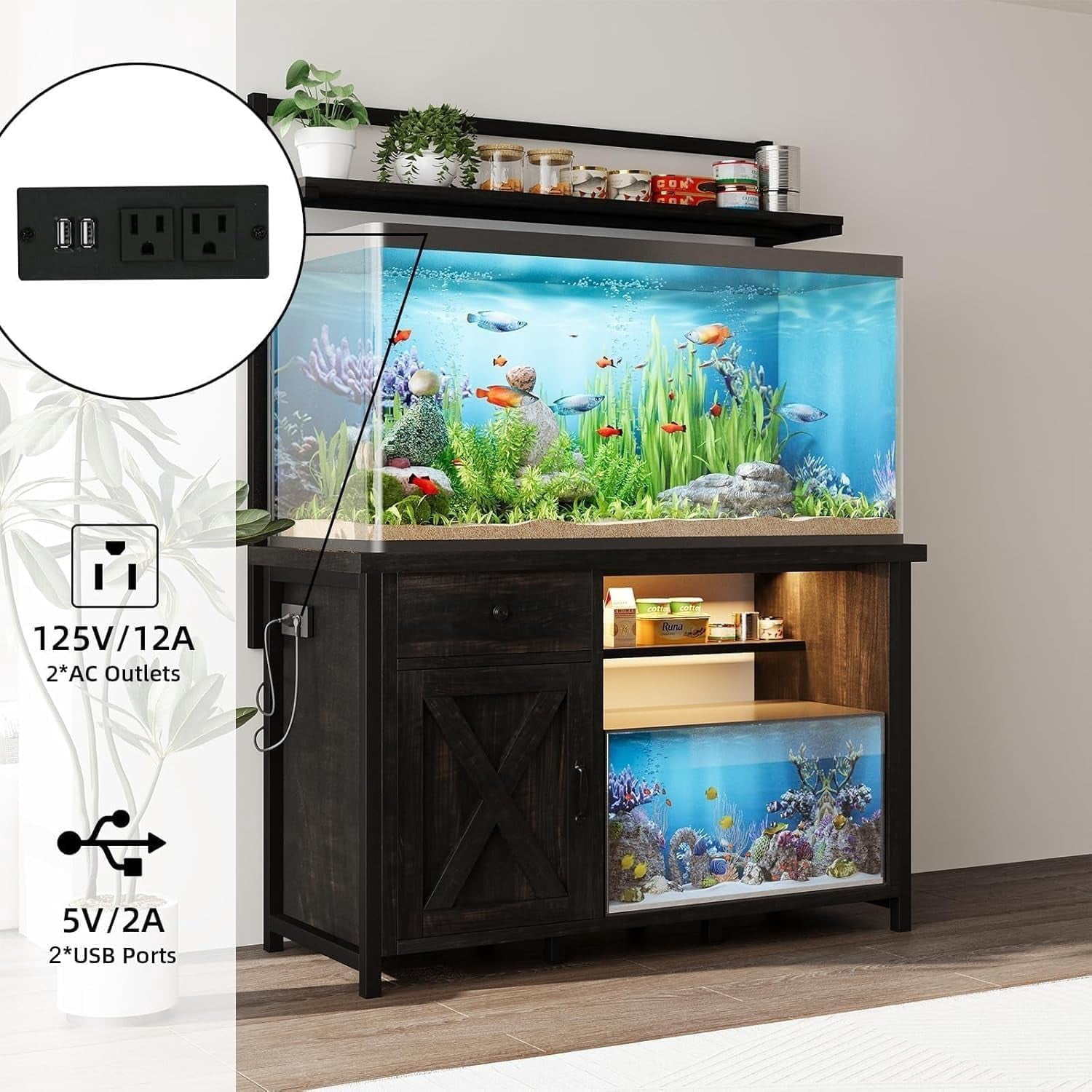 DreamCurship Fish Tank Stand with Power Outlet and Led Light, Cabinet for 55-75 Gallon Aquarium, RGB Lighting Strip Ideal for Turtle Enclosure, Supports up to 1100 Pounds, Oak