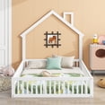 thumbnail image 3 of Harper & Bright Designs Wood Full Size House Platform Bed with Guardrail, Solid Wood Floor Bed Frame with House-Shaped Headboard for Kids, White, 3 of 18