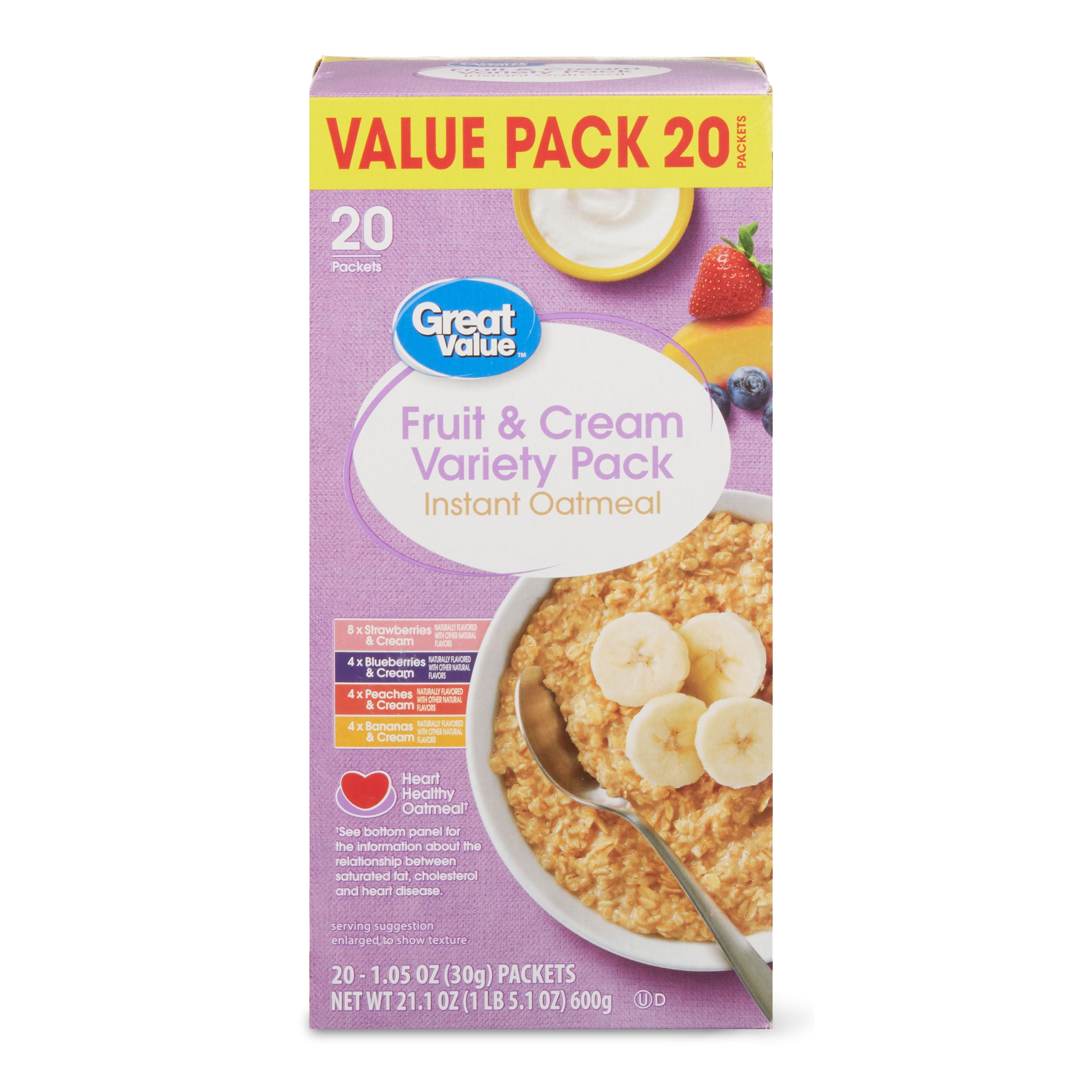 Great Value Fruit & Cream Variety Instant Oatmeal Value Pack, 1.05 oz, 20 Packets