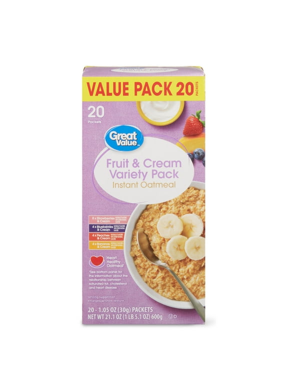 Great Value Fruit & Cream Variety Instant Oatmeal Value Pack, 1.05 oz, 20 Packets