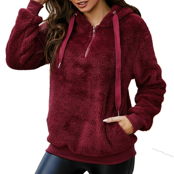 Women Fleece Hoodie Solid Pockets Long Sleeve Warm Fuzzy Sweatshirt  Pullovers Autumn Winter Casual Coats 