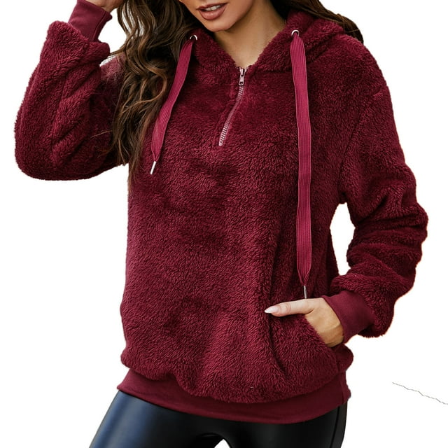 Sudadera con capucha de lana para mujer, bolsillos sólidos, manga larga, cálida y difusa Eccomum Rojo/Medio