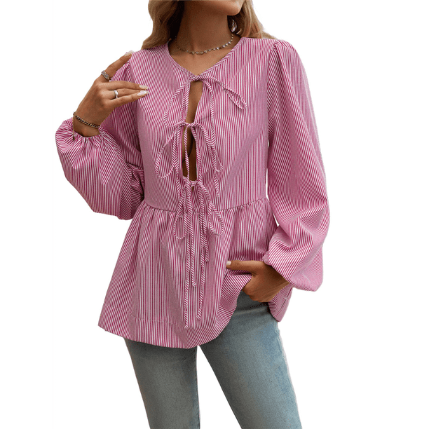 Blusa Babydoll con Lazo Frontal para Mujer, Larga, Rayas, Peplum, Volantes, Encaje. Rojo M