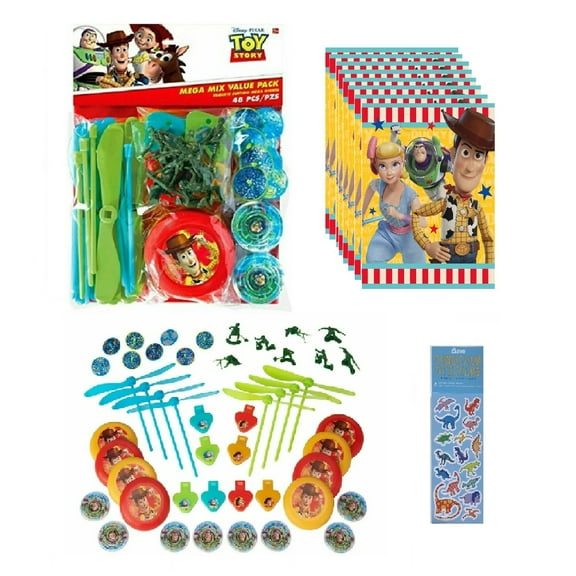 Toy Story Birthday Party Bundle includes 8 Plastic Loot Bags, 48pc Party Favors: 8 Mini Flying Discs, 8 Maze Puzzles, 8 Whirl-A-Copters, 8 Laser Tops, 8 Two Tone Whistles, 8 Army Soldiers