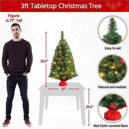 Topeakmart 3ft Prelit Tabletop Christmas Tree with 50 LED Warm Toned Lights Red Berries, Green