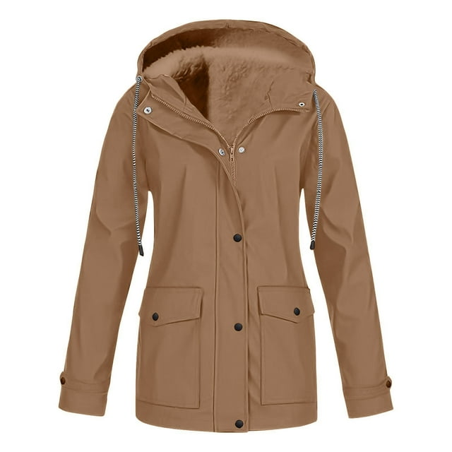 LOVZFMLL Jackets for Women Solid Jackets Outdoor Plus Size Drawstring Zipper Hooded Raincoat Windproof Coat With Pocket