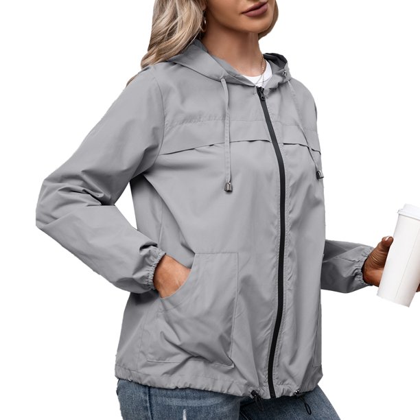 Chaqueta con capucha para mujer, impermeable, manga larga, dobladillo elástico, bolsillos con cremal Abanopi Gris/Medio