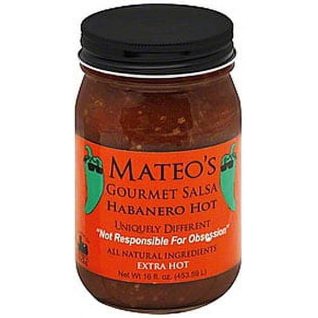 Mateo's Gourmet Salsa Picante de Habanero Totalmente Natural, Picante Extra, Frasco de Vidrio de 16 Onzas
