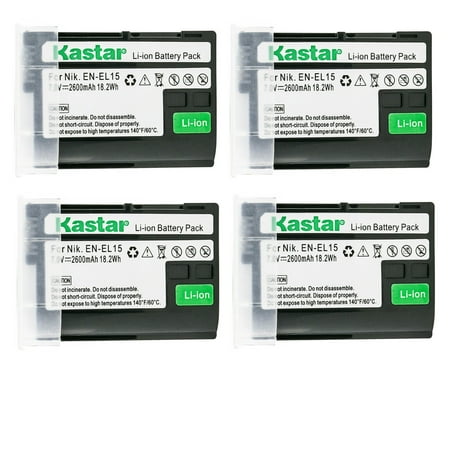 Image of Kastar 4-Pack EN-EL15 Battery Replacement for Nikon EN-EL15 Battery Nikon MH-25 MH-25a MH-25b Charger Nikon MB-D11 MB-D12 MB-D14 MB-D15 MB-D16 MB-D18 Grip Nikon D7000 D7100 D7200 Camera
